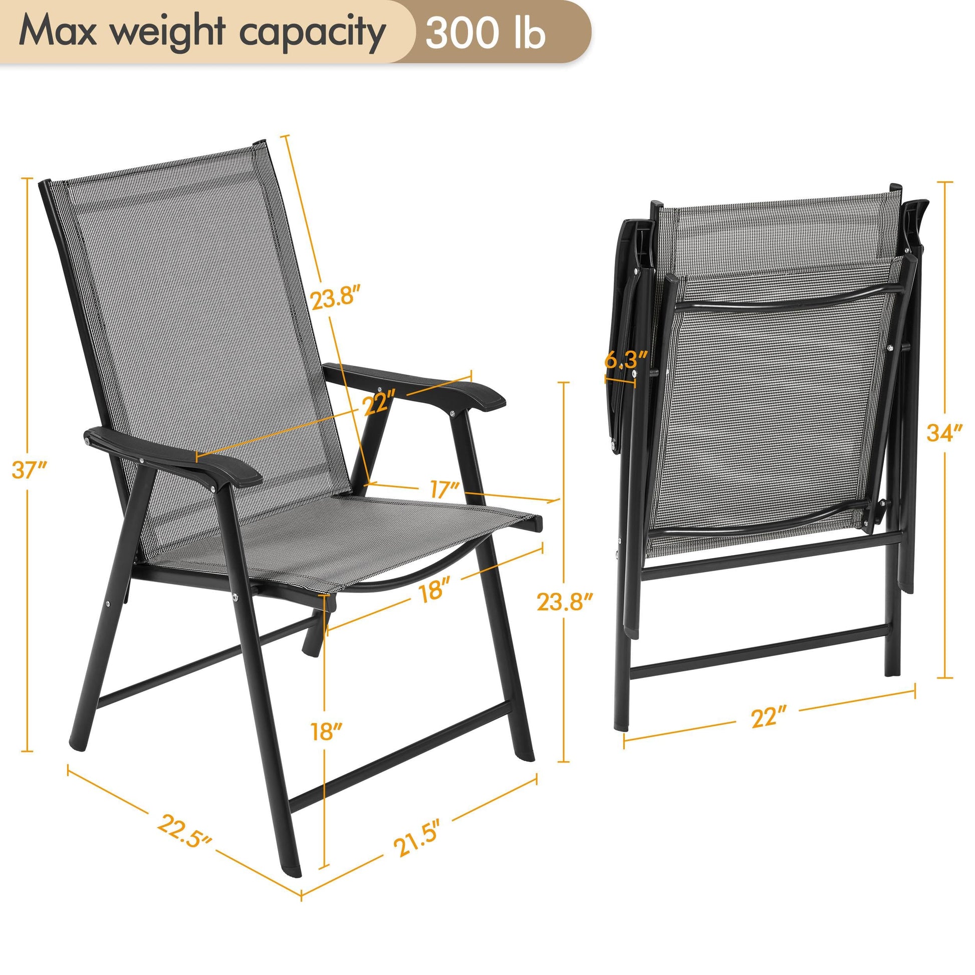 Yaheetech Patio Dining Chairs Set of 2 with Armrests, Outdoor Folding Chairs with Metal Frame and Backrest for Lawn, Garden, Yard and Poolside, Gray - CookCave