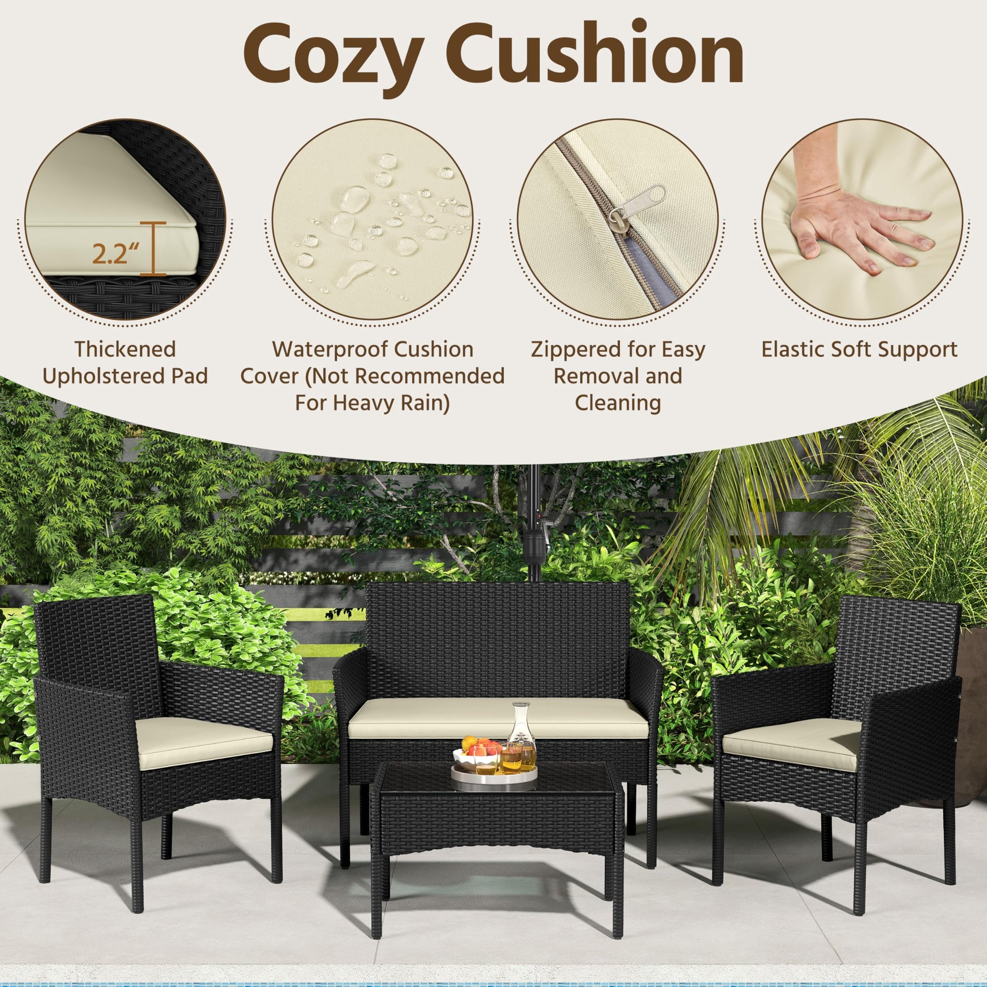 Yaheetech Patio Furniture Set 4 Pieces Conversation Sets, Rattan Chair Wicker Set Loveseat with Soft Cushion and Glass Table for Backyard Porch Garden Poolside Balcony, Black and Beige - CookCave