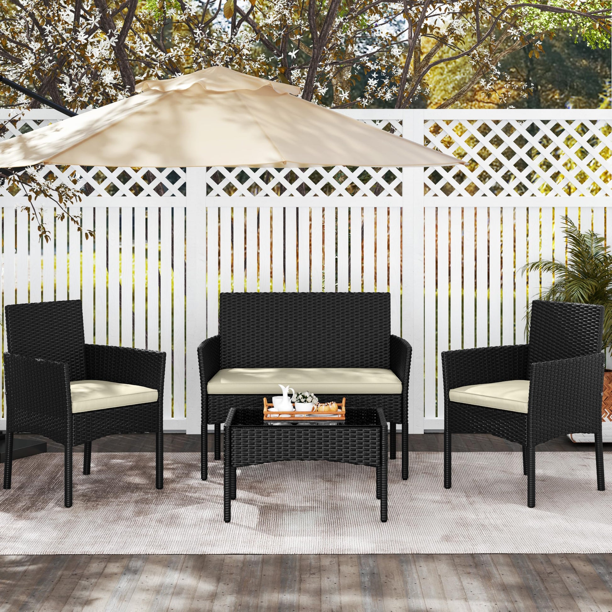 Yaheetech Patio Furniture Set 4 Pieces Conversation Sets, Rattan Chair Wicker Set Loveseat with Soft Cushion and Glass Table for Backyard Porch Garden Poolside Balcony, Black and Beige - CookCave