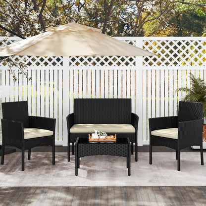 Yaheetech Patio Furniture Set 4 Pieces Conversation Sets, Rattan Chair Wicker Set Loveseat with Soft Cushion and Glass Table for Backyard Porch Garden Poolside Balcony, Black and Beige - CookCave