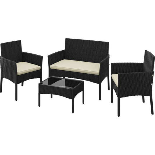 Yaheetech Patio Furniture Set 4 Pieces Conversation Sets, Rattan Chair Wicker Set Loveseat with Soft Cushion and Glass Table for Backyard Porch Garden Poolside Balcony, Black and Beige - CookCave