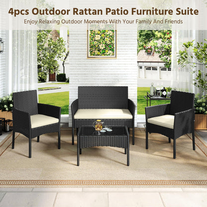Yaheetech Patio Furniture Set 4 Pieces Conversation Sets, Rattan Chair Wicker Set Loveseat with Soft Cushion and Glass Table for Backyard Porch Garden Poolside Balcony, Black and Beige - CookCave