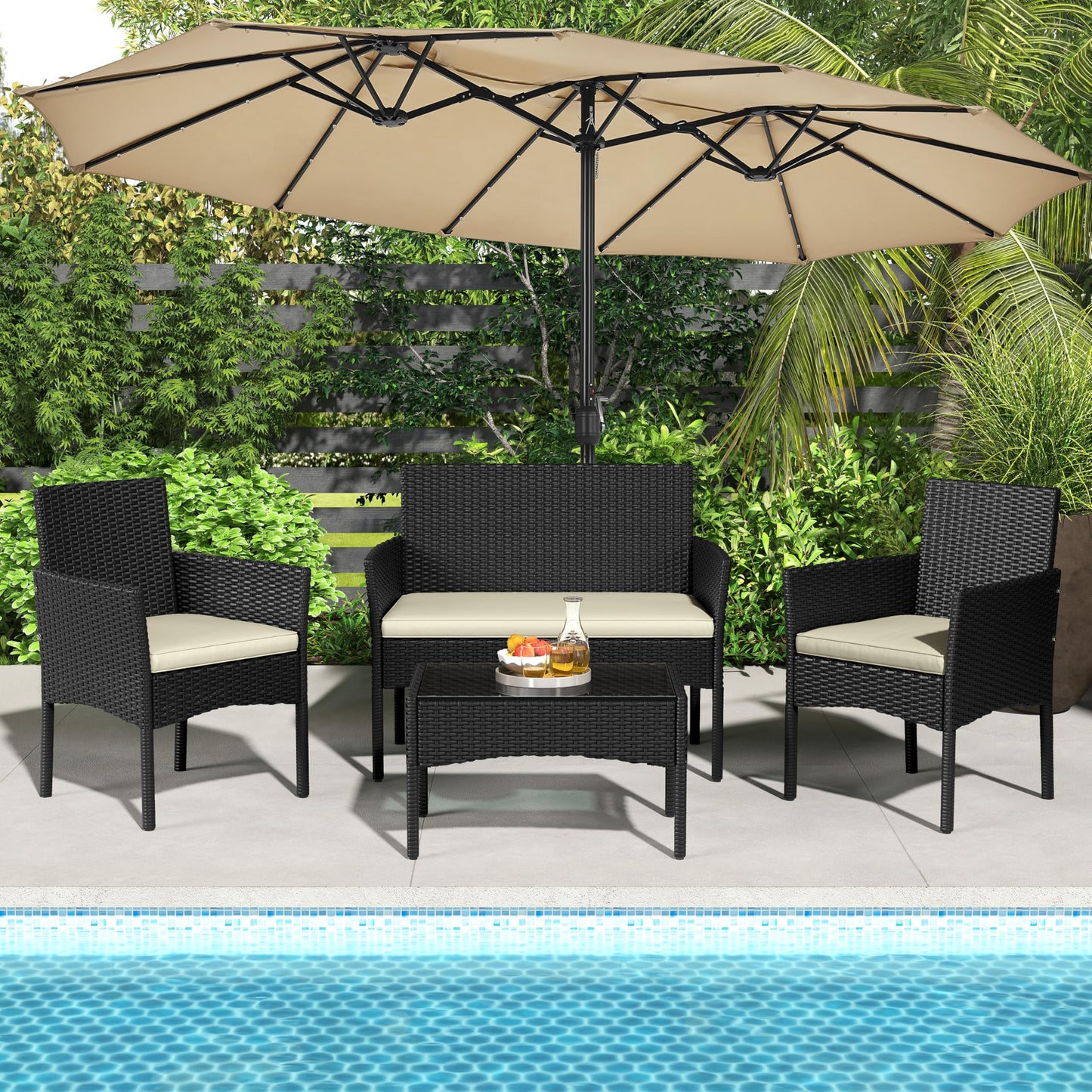 Yaheetech Patio Furniture Set 4 Pieces Conversation Sets, Rattan Chair Wicker Set Loveseat with Soft Cushion and Glass Table for Backyard Porch Garden Poolside Balcony, Black and Beige - CookCave