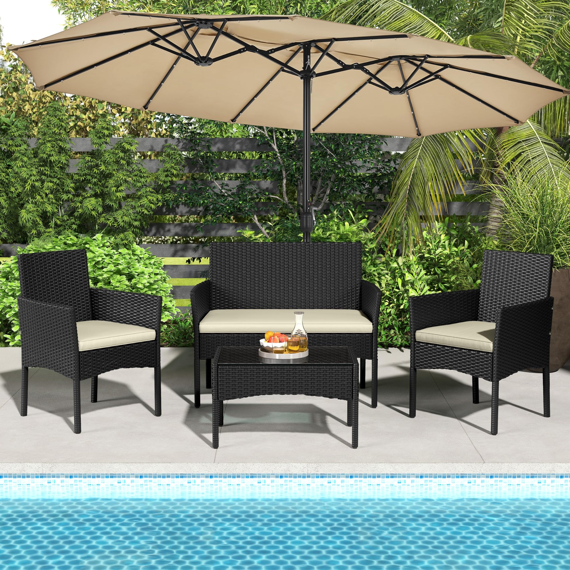 Yaheetech Patio Furniture Set 4 Pieces Conversation Sets, Rattan Chair Wicker Set Loveseat with Soft Cushion and Glass Table for Backyard Porch Garden Poolside Balcony, Black and Beige - CookCave