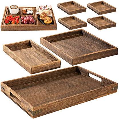 Yangbaga Rustic Wooden Serving Trays with Handle - Set of 7 Rectangular Platters for Entertaining, Breakfast, Coffee Table, Home Decor - CookCave