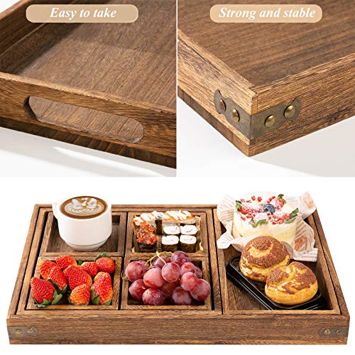 Yangbaga Rustic Wooden Serving Trays with Handle - Set of 7 Rectangular Platters for Entertaining, Breakfast, Coffee Table, Home Decor - CookCave