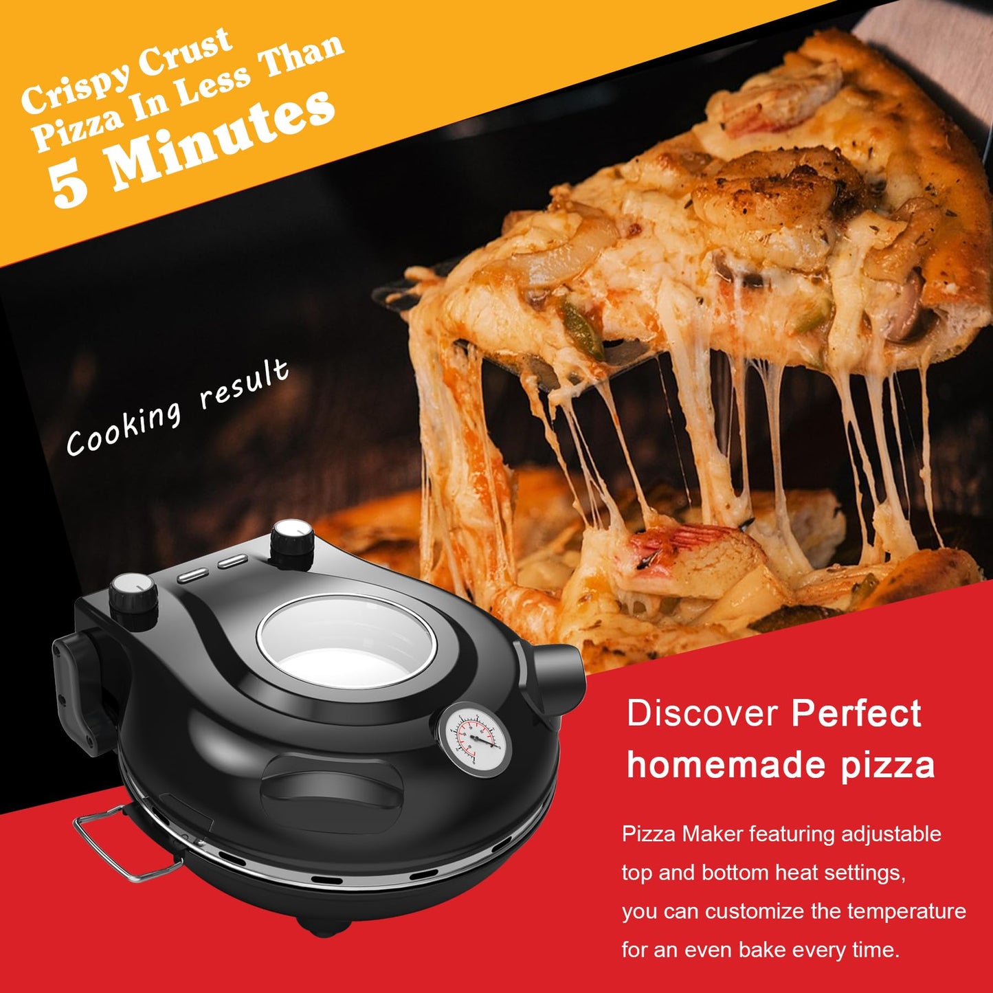 YIBAKE Stone Pizza Oven, 12'' Indoor Electric Pizza Maker, 1200W Countertop Pizza Maker Machine with Dual Temp Control, Crispy Crust Pizzas in Minutes, Black - CookCave