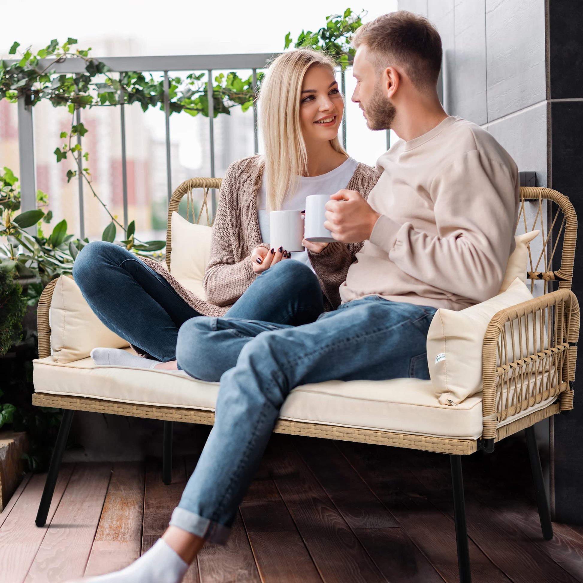 YITAHOME 2-Piece Patio Furniture Wicker Outdoor Loveseat, All-Weather Rattan Conversation for Backyard, Balcony and Deck with Soft Cushions and SideTable (Light Brown+Beige) - CookCave