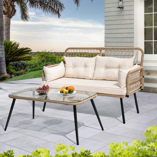 YITAHOME 2-Piece Patio Furniture Wicker Outdoor Loveseat, All-Weather Rattan Conversation for Backyard, Balcony and Deck with Soft Cushions and SideTable (Light Brown+Beige) - CookCave