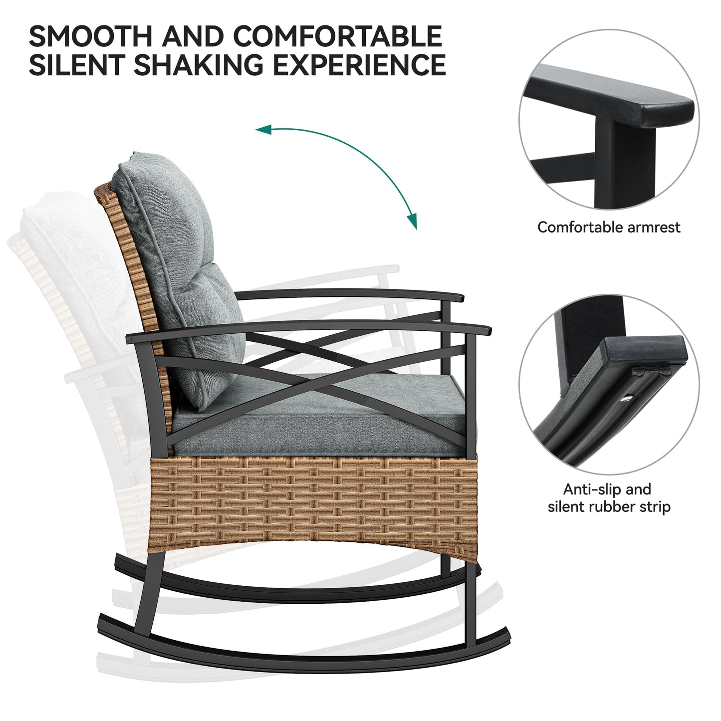 YITAHOME 3-Piece Outdoor Rocking Chair Bistro Set, Patio Wicker Rocking Chair Conversation Set with Glass Coffee Table & Soft Cushions for Balcony, Lawn and Porch Poolside (Light Brown+Gray) - CookCave