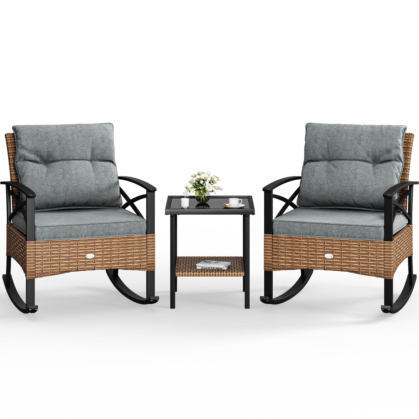 YITAHOME 3-Piece Outdoor Rocking Chair Bistro Set, Patio Wicker Rocking Chair Conversation Set with Glass Coffee Table & Soft Cushions for Balcony, Lawn and Porch Poolside (Light Brown+Gray) - CookCave