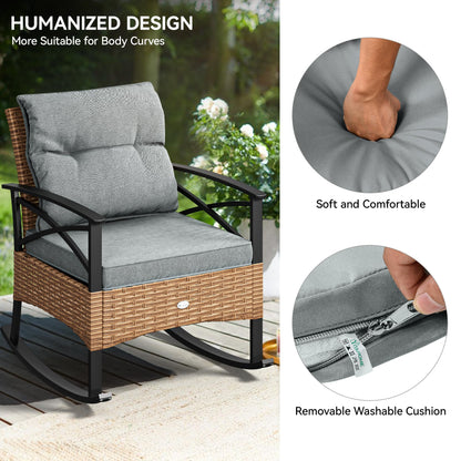 YITAHOME 3-Piece Outdoor Rocking Chair Bistro Set, Patio Wicker Rocking Chair Conversation Set with Glass Coffee Table & Soft Cushions for Balcony, Lawn and Porch Poolside (Light Brown+Gray) - CookCave