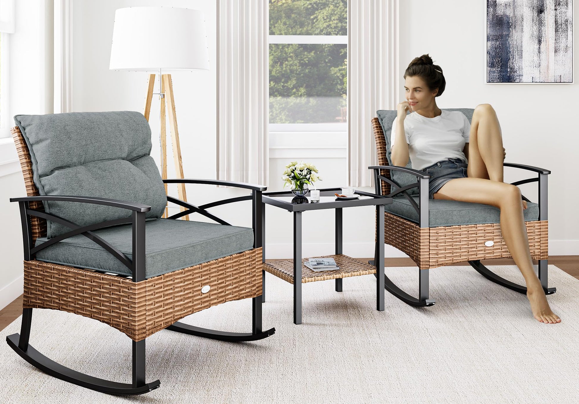 YITAHOME 3-Piece Outdoor Rocking Chair Bistro Set, Patio Wicker Rocking Chair Conversation Set with Glass Coffee Table & Soft Cushions for Balcony, Lawn and Porch Poolside (Light Brown+Gray) - CookCave