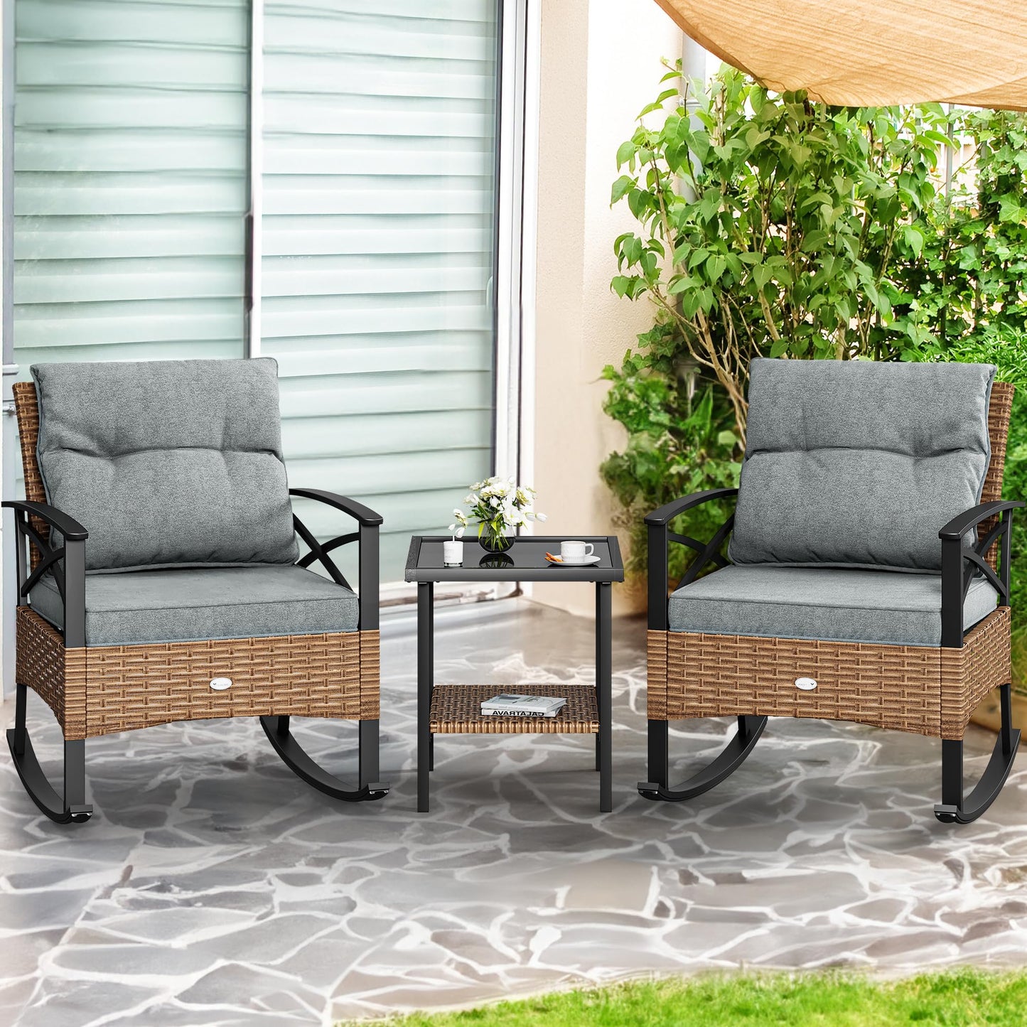 YITAHOME 3-Piece Outdoor Rocking Chair Bistro Set, Patio Wicker Rocking Chair Conversation Set with Glass Coffee Table & Soft Cushions for Balcony, Lawn and Porch Poolside (Light Brown+Gray) - CookCave