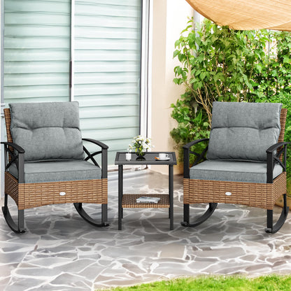 YITAHOME 3-Piece Outdoor Rocking Chair Bistro Set, Patio Wicker Rocking Chair Conversation Set with Glass Coffee Table & Soft Cushions for Balcony, Lawn and Porch Poolside (Light Brown+Gray) - CookCave