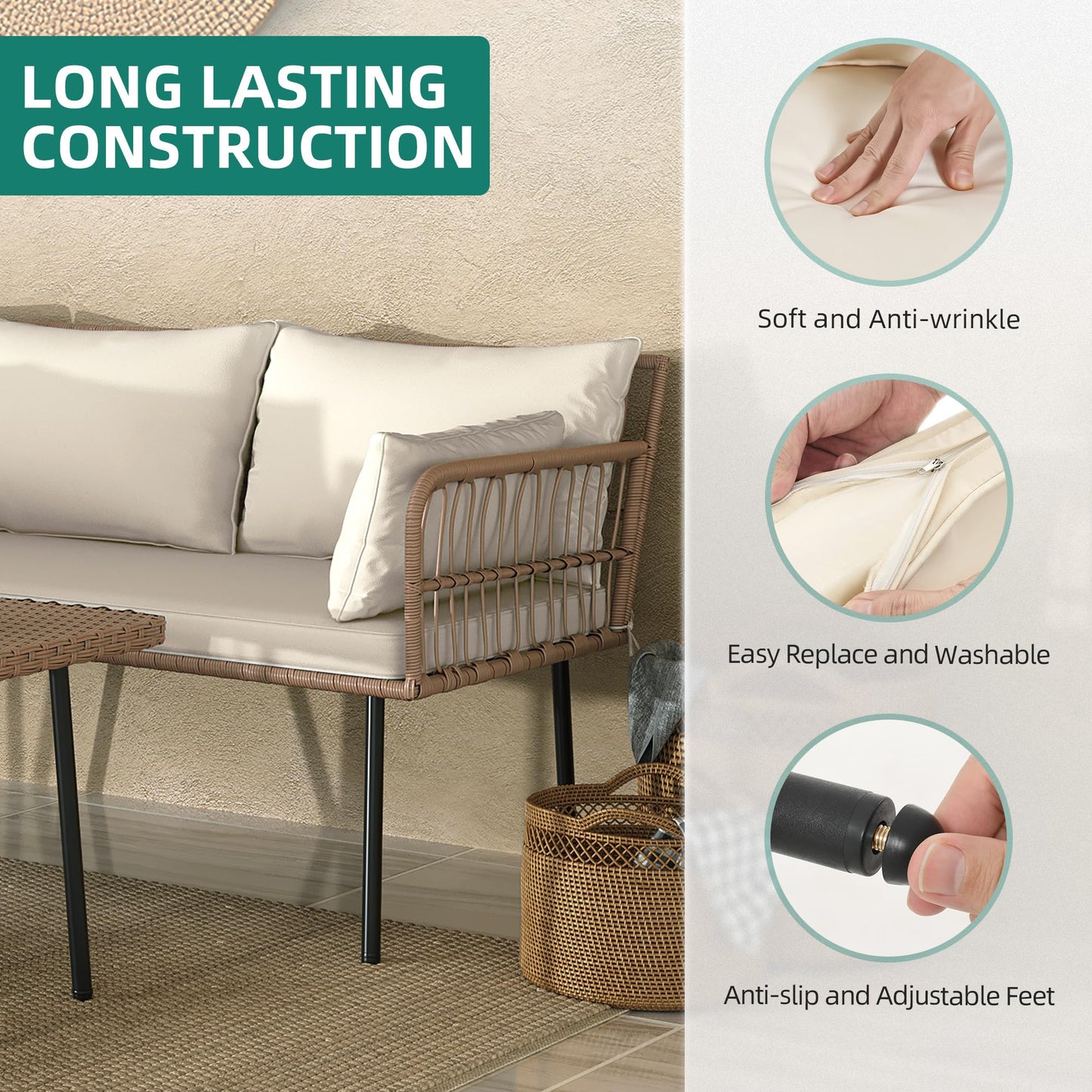 YITAHOME 4-Piece Wicker Patio Furniture Set, All Weather PE Rattan Conversation Set Sectional Sofa with Soft Cushions & Side Table, Porch Furniture for Deck, Balcony, Backyard - Beige - CookCave