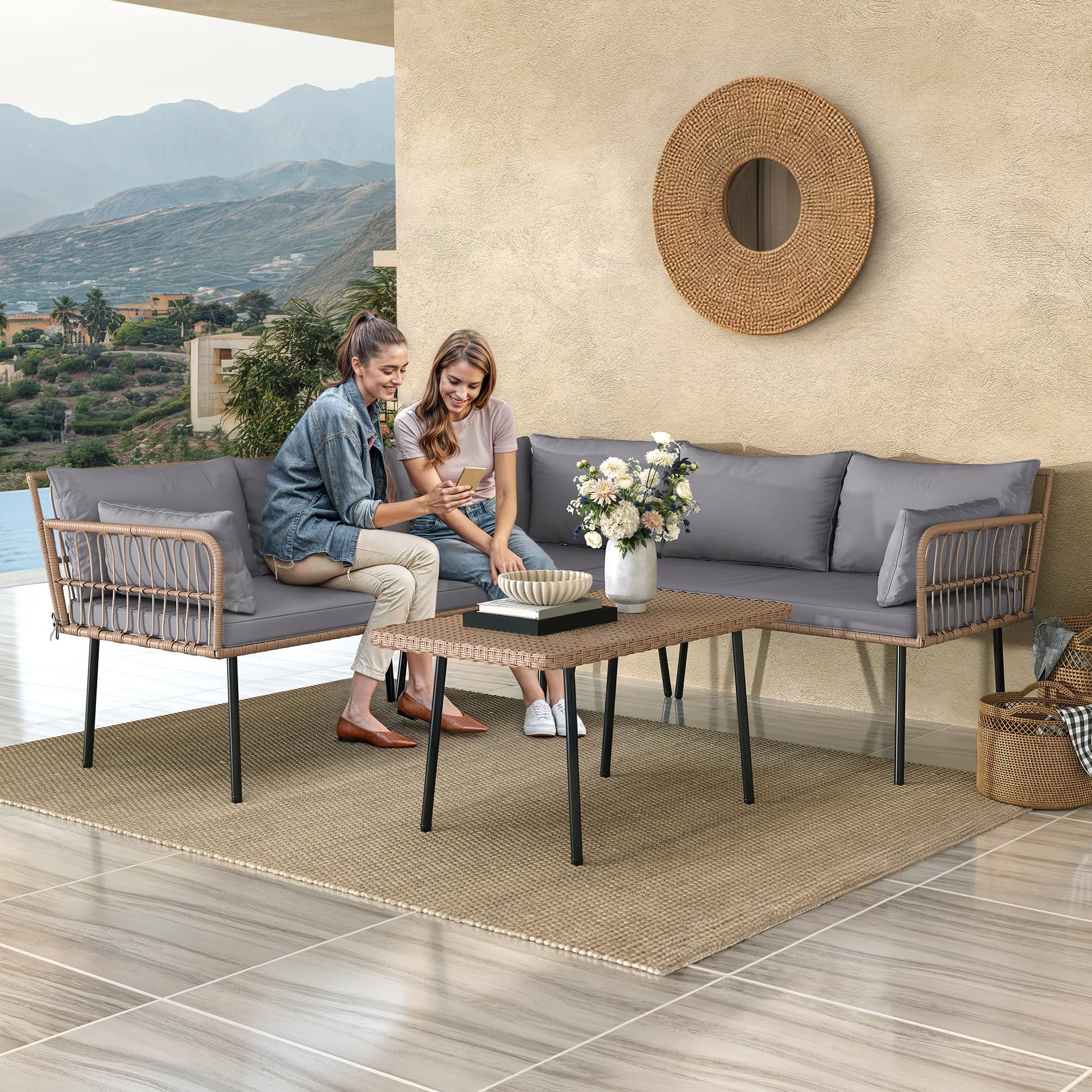 YITAHOME 4-Piece Wicker Patio Furniture Set, All Weather PE Rattan Conversation Set Sectional Sofa with Soft Cushions & Side Table, Porch Furniture for Deck, Balcony, Backyard - Grey - CookCave