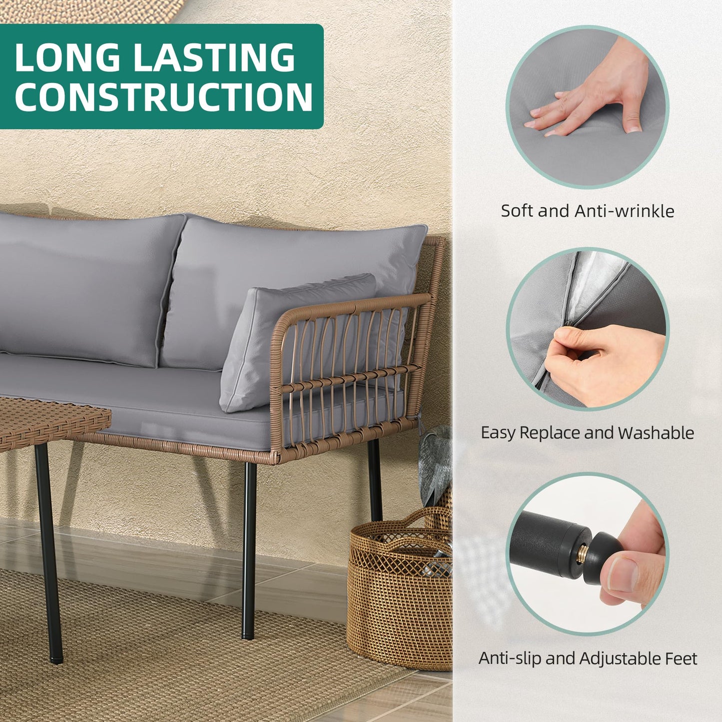 YITAHOME 4-Piece Wicker Patio Furniture Set, All Weather PE Rattan Conversation Set Sectional Sofa with Soft Cushions & Side Table, Porch Furniture for Deck, Balcony, Backyard - Grey - CookCave