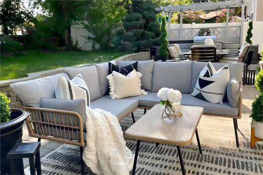 YITAHOME 4 Pieces Patio Furniture Set, Outdoor Wicker Conversation Sectional L-Shaped Sofa with 5 Seater for Backyard, Porch, Boho Detachable Lounger with Thickness Cushions and Side Table - Grey - CookCave