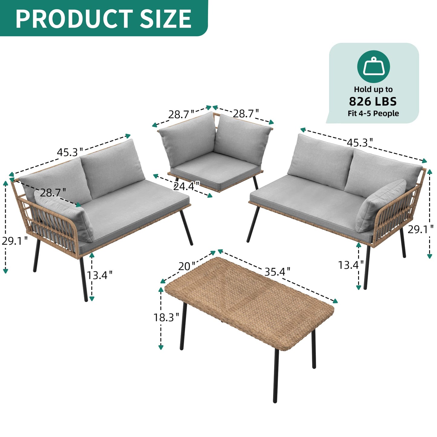 YITAHOME 4 Pieces Patio Furniture Set, Outdoor Wicker Conversation Sectional L-Shaped Sofa with 5 Seater for Backyard, Porch, Boho Detachable Lounger with Thickness Cushions and Side Table - Grey - CookCave