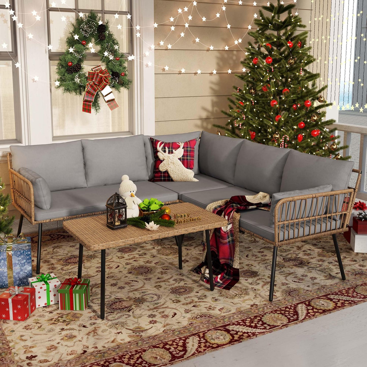 YITAHOME 4 Pieces Patio Furniture Set, Outdoor Wicker Conversation Sectional L-Shaped Sofa with 5 Seater for Backyard, Porch, Boho Detachable Lounger with Thickness Cushions and Side Table - Grey - CookCave