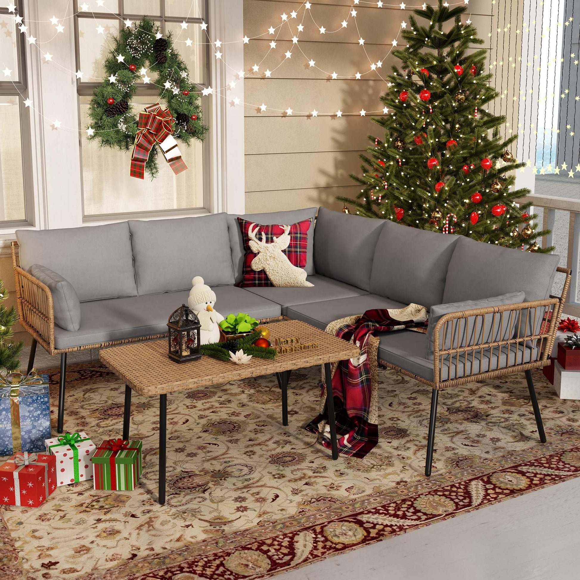 YITAHOME 4 Pieces Patio Furniture Set, Outdoor Wicker Conversation Sectional L-Shaped Sofa with 5 Seater for Backyard, Porch, Boho Detachable Lounger with Thickness Cushions and Side Table - Grey - CookCave