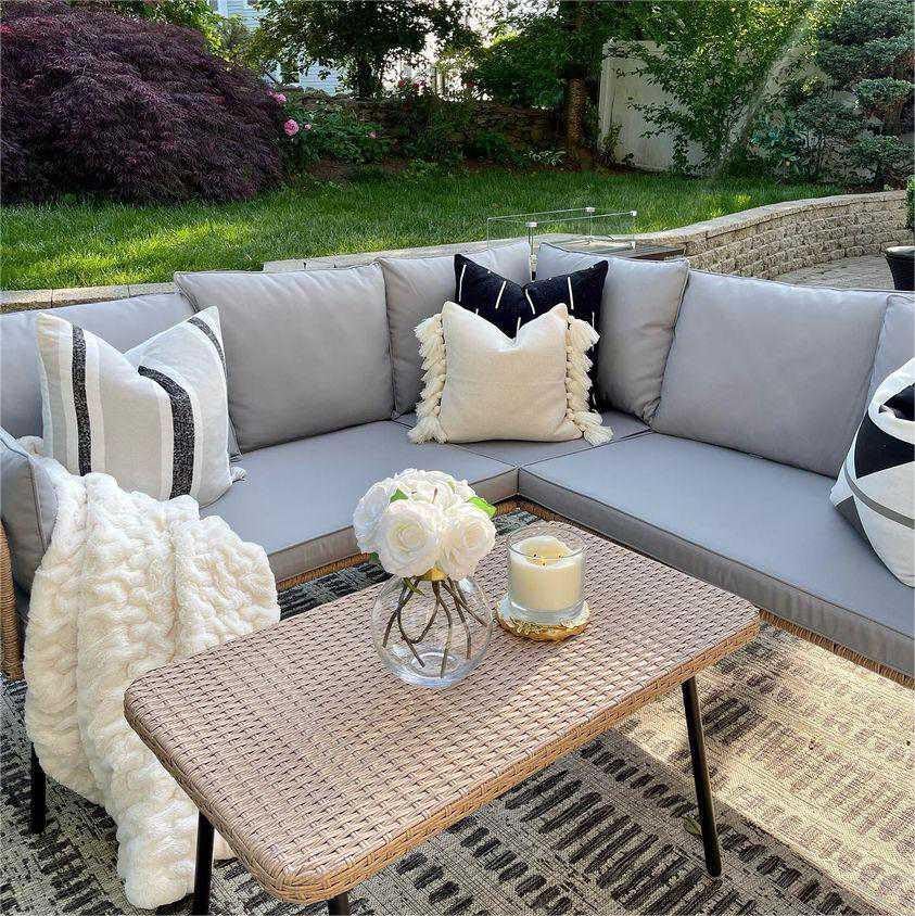 YITAHOME 4 Pieces Patio Furniture Set, Outdoor Wicker Conversation Sectional L-Shaped Sofa with 5 Seater for Backyard, Porch, Boho Detachable Lounger with Thickness Cushions and Side Table - Grey - CookCave