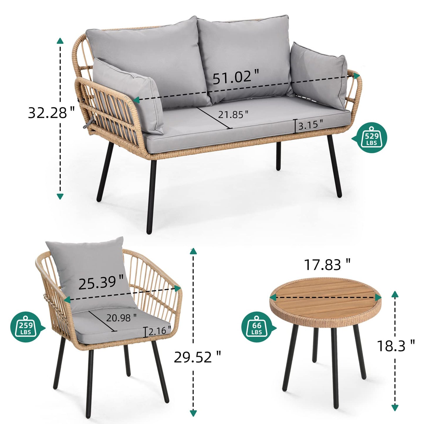 YITAHOME 4 Pieces Patio Furniture Set, Outdoor Wicker Patio Conversation Set, All-Weather Rattan Bistro Set with Loveseat Chairs Table Soft Cushions for Garden, Porch, Backyard - Grey - CookCave