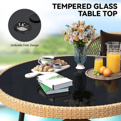 YITAHOME 5-Piece Outdoor Dining Set with Umbralle Hole, Rattan Patio Dining Set for 4 with Cup Holders Soft Cushions and Glass Top Dining Table for Patio, Backyard, Garden, Bacony, Light Brown & Black - CookCave