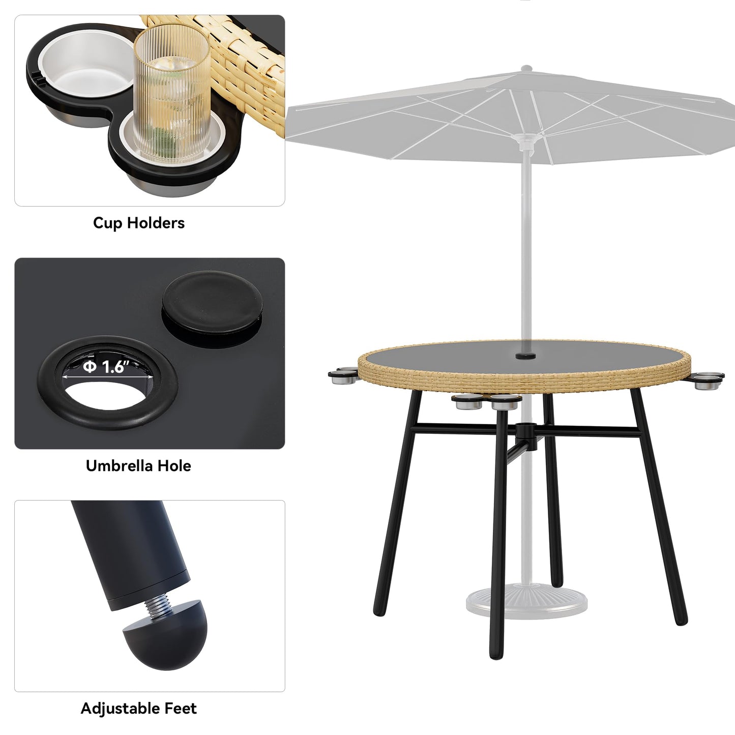 YITAHOME 5-Piece Outdoor Dining Set with Umbralle Hole, Rattan Patio Dining Set for 4 with Cup Holders Soft Cushions and Glass Top Dining Table for Patio, Backyard, Garden, Bacony, Light Brown & Black - CookCave