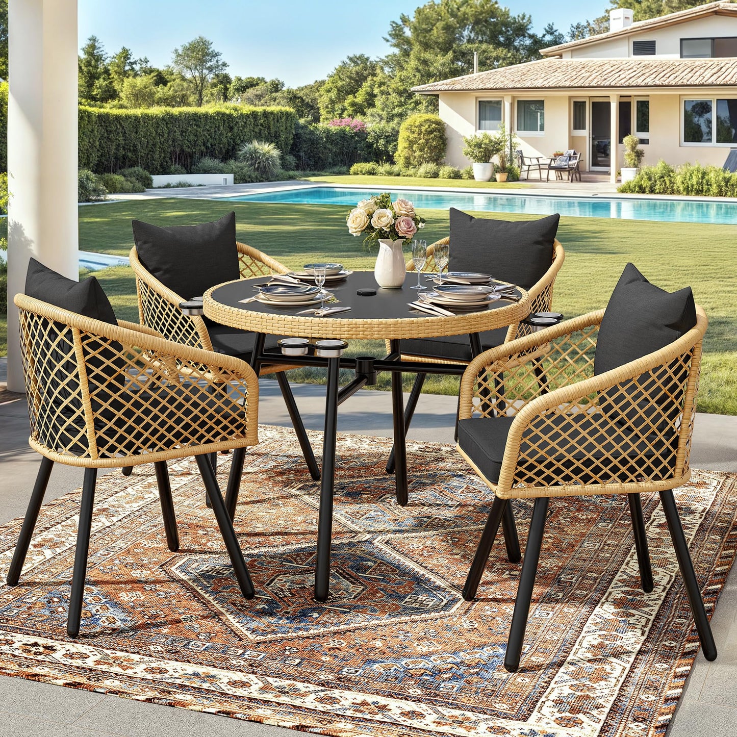 YITAHOME 5-Piece Outdoor Dining Set with Umbralle Hole, Rattan Patio Dining Set for 4 with Cup Holders Soft Cushions and Glass Top Dining Table for Patio, Backyard, Garden, Bacony, Light Brown & Black - CookCave