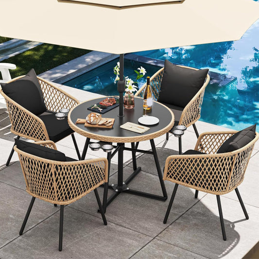 YITAHOME 5-Piece Outdoor Dining Set with Umbralle Hole, Rattan Patio Dining Set for 4 with Cup Holders Soft Cushions and Glass Top Dining Table for Patio, Backyard, Garden, Bacony, Light Brown & Black - CookCave