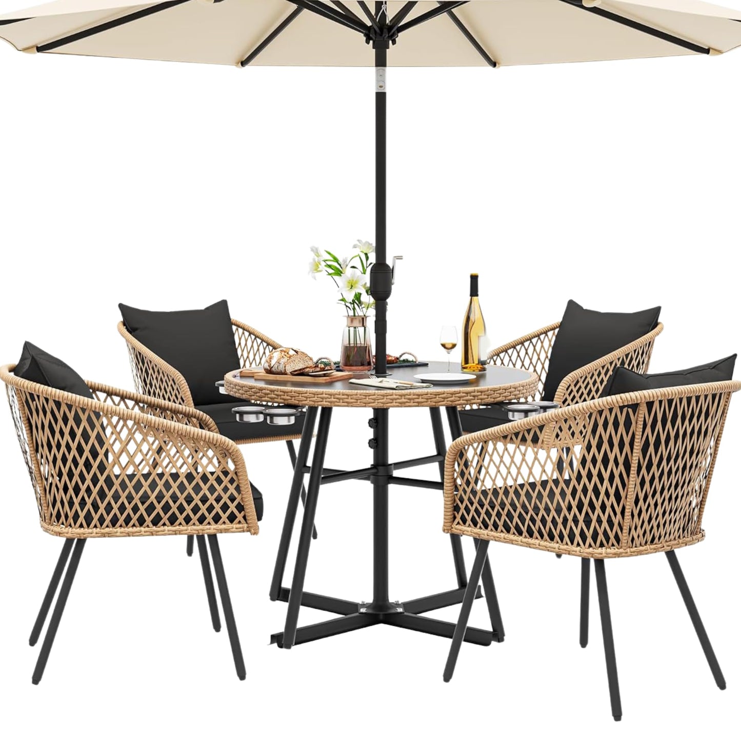 YITAHOME 5-Piece Outdoor Dining Set with Umbralle Hole, Rattan Patio Dining Set for 4 with Cup Holders Soft Cushions and Glass Top Dining Table for Patio, Backyard, Garden, Bacony, Light Brown & Black - CookCave