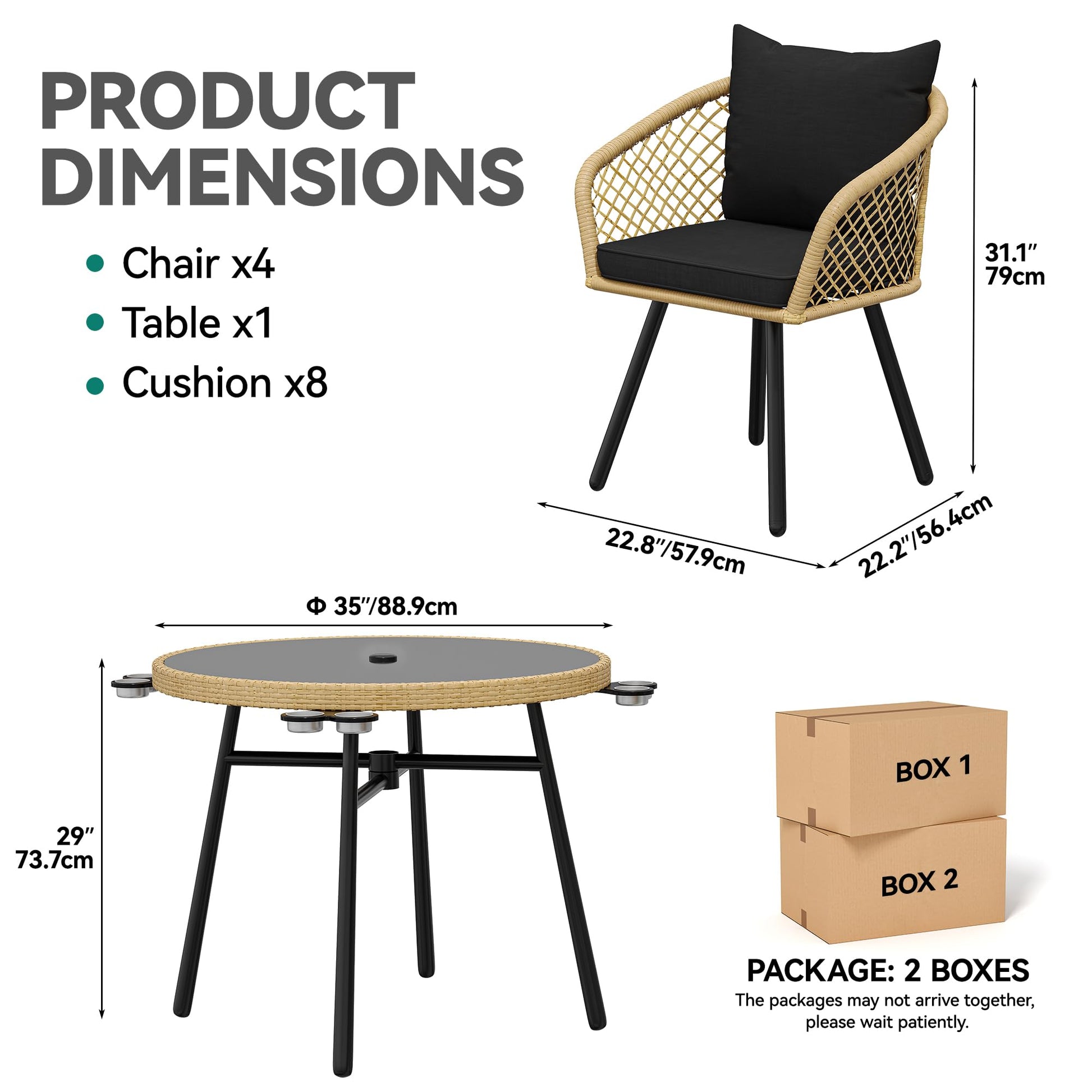 YITAHOME 5-Piece Outdoor Dining Set with Umbralle Hole, Rattan Patio Dining Set for 4 with Cup Holders Soft Cushions and Glass Top Dining Table for Patio, Backyard, Garden, Bacony, Light Brown & Black - CookCave