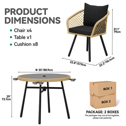 YITAHOME 5-Piece Outdoor Dining Set with Umbralle Hole, Rattan Patio Dining Set for 4 with Cup Holders Soft Cushions and Glass Top Dining Table for Patio, Backyard, Garden, Bacony, Light Brown & Black - CookCave