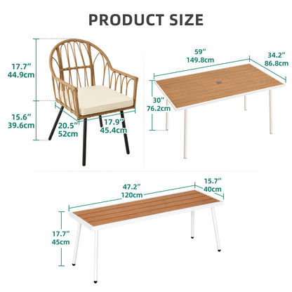 YITAHOME 6 Pieces Outdoor Patio Dining Set, Rattan Wicker Patio Dining Chair & Table & Bench Set for 6 People, Sectional Conversation Set with Umbrella Hole for Patios, Backyard, Balcony, Garden, Lawn - CookCave