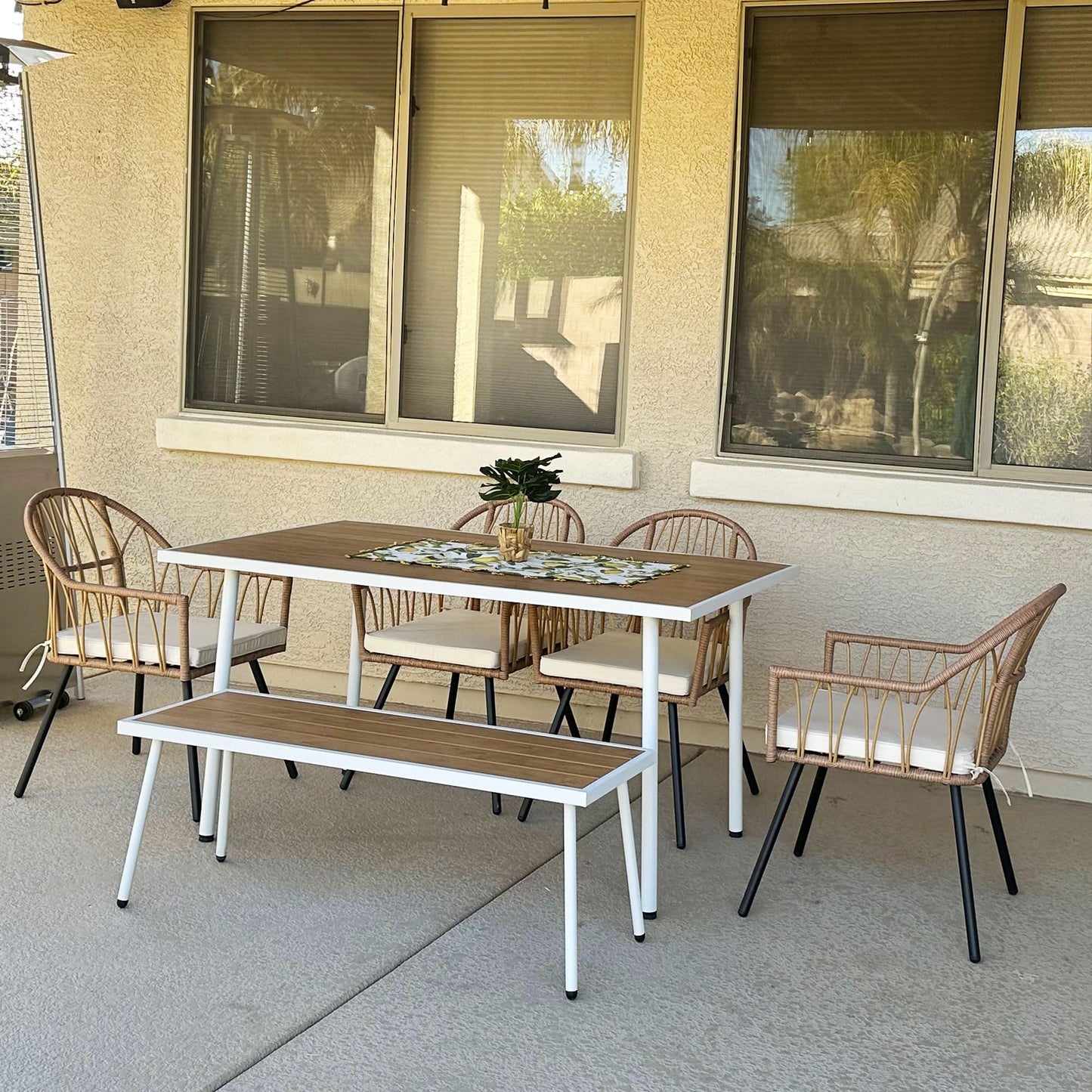 YITAHOME 6 Pieces Outdoor Patio Dining Set, Rattan Wicker Patio Dining Chair & Table & Bench Set for 6 People, Sectional Conversation Set with Umbrella Hole for Patios, Backyard, Balcony, Garden, Lawn - CookCave