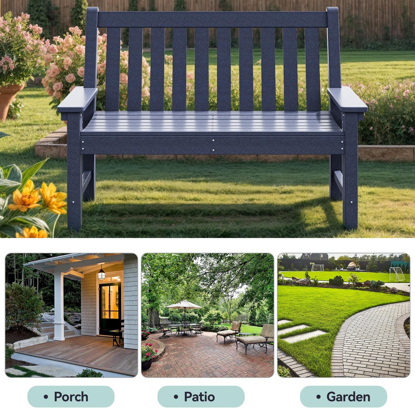 YITAHOME Garden Bench, All Weather Outdoor Bench for 2-3 Persons, Fade/Rot Resistant Patio Benches for Park, Porch, Patio & Backyard (Navy) - CookCave