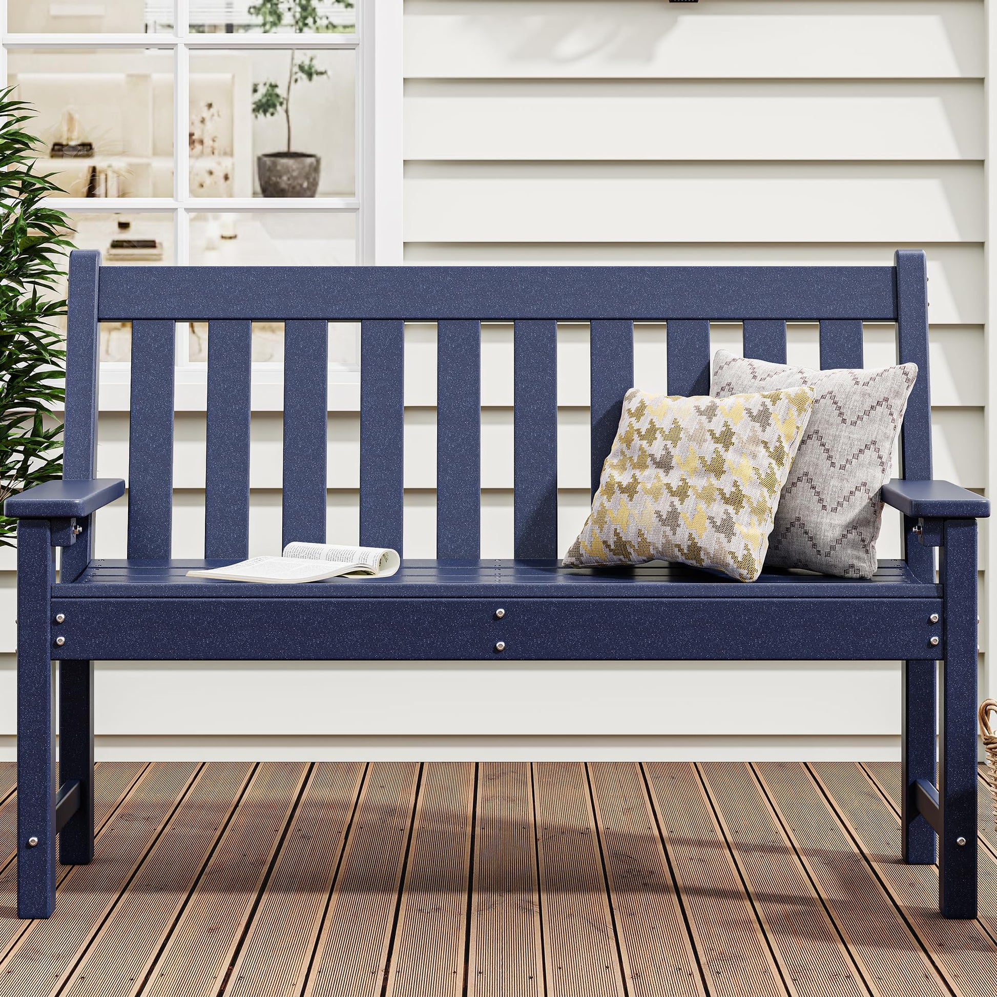 YITAHOME Garden Bench, All Weather Outdoor Bench for 2-3 Persons, Fade/Rot Resistant Patio Benches for Park, Porch, Patio & Backyard (Navy) - CookCave