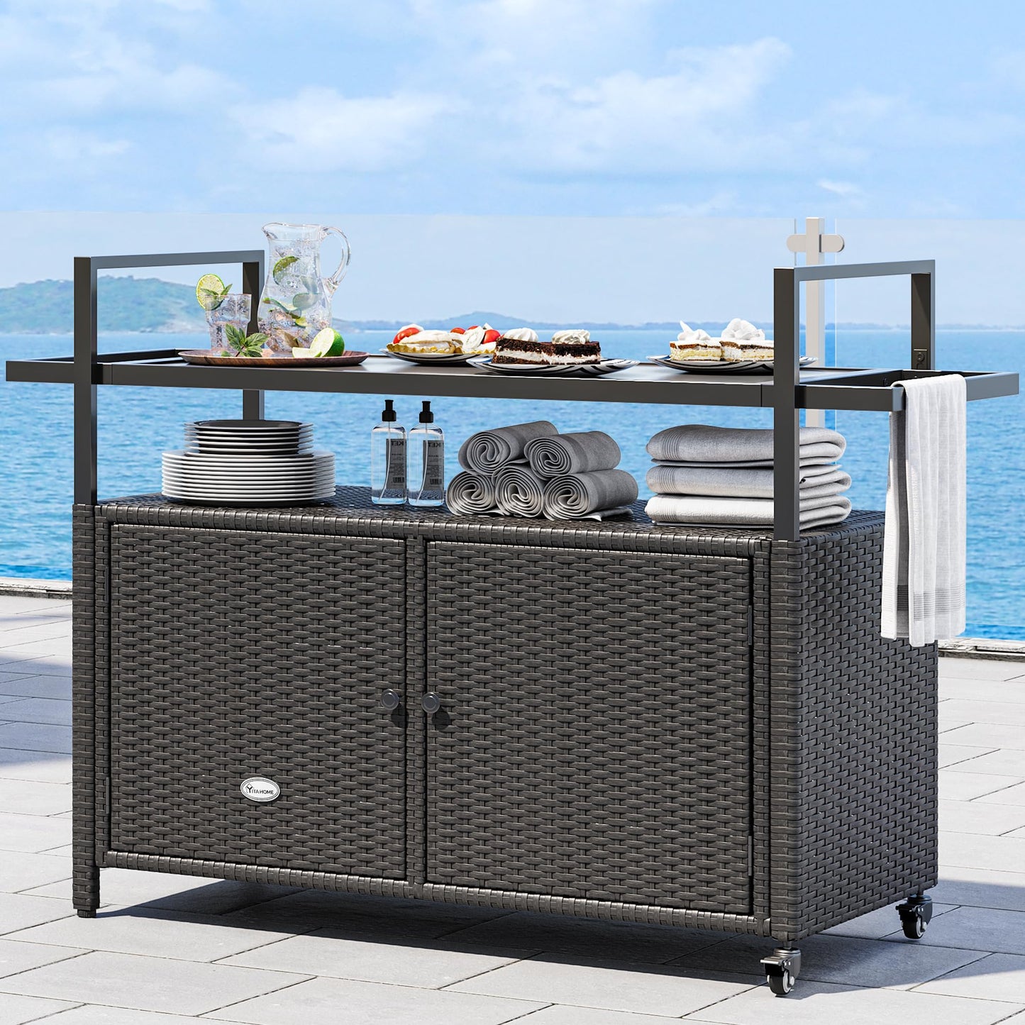 YITAHOME Large Outdoor Kitchen Wicker Island Rolling Cart & Patio Bar Table, w/Wheels and Black Glass Table Top Backyard and Poolside Dark Brown - CookCave