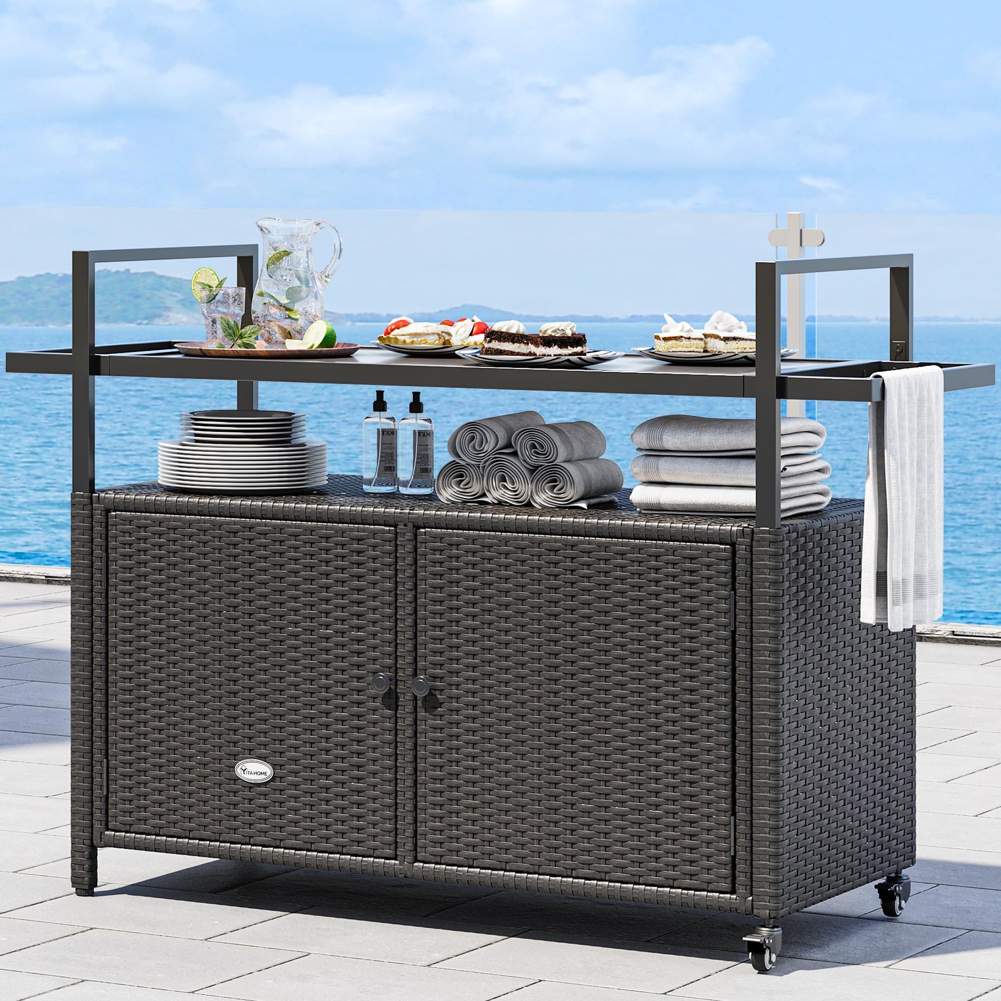YITAHOME Large Outdoor Kitchen Wicker Island Rolling Cart & Patio Bar Table, w/Wheels and Black Glass Table Top Backyard and Poolside Dark Brown - CookCave