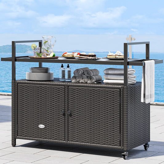 YITAHOME Large Outdoor Kitchen Wicker Island Rolling Cart & Patio Bar Table, w/Wheels and Black Glass Table Top Backyard and Poolside Dark Brown - CookCave