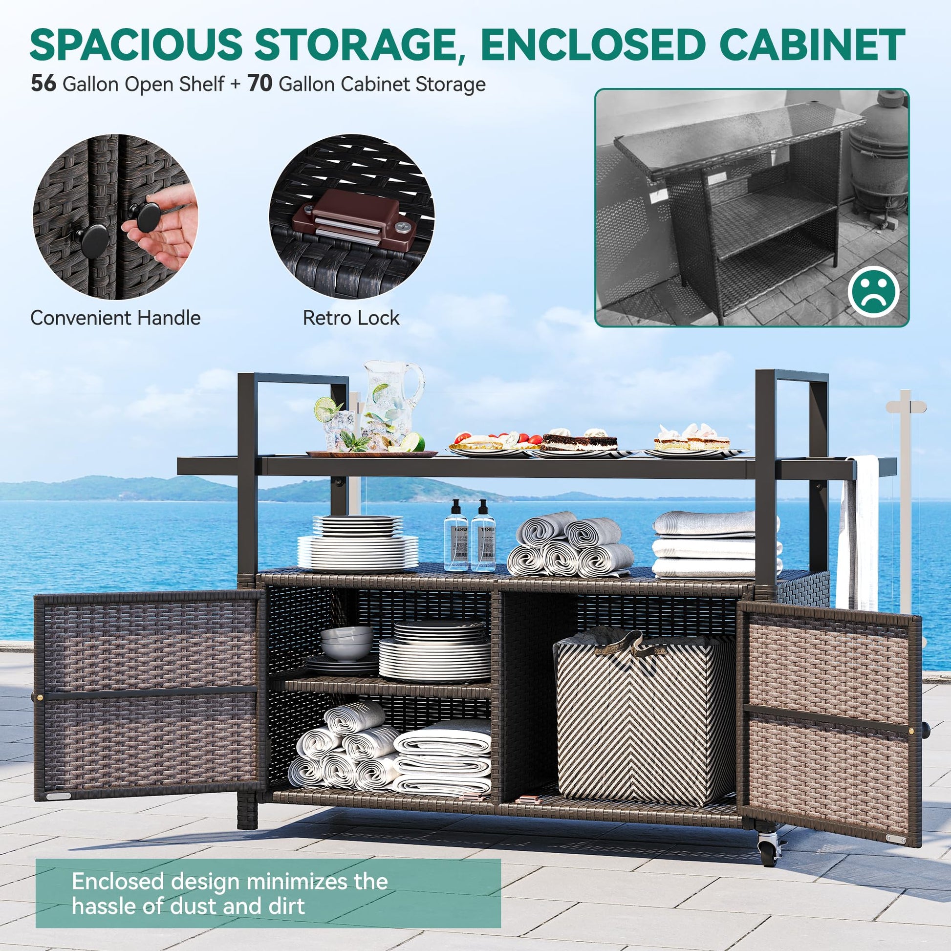 YITAHOME Large Outdoor Kitchen Wicker Island Rolling Cart & Patio Bar Table, w/Wheels and Black Glass Table Top Backyard and Poolside Dark Brown - CookCave