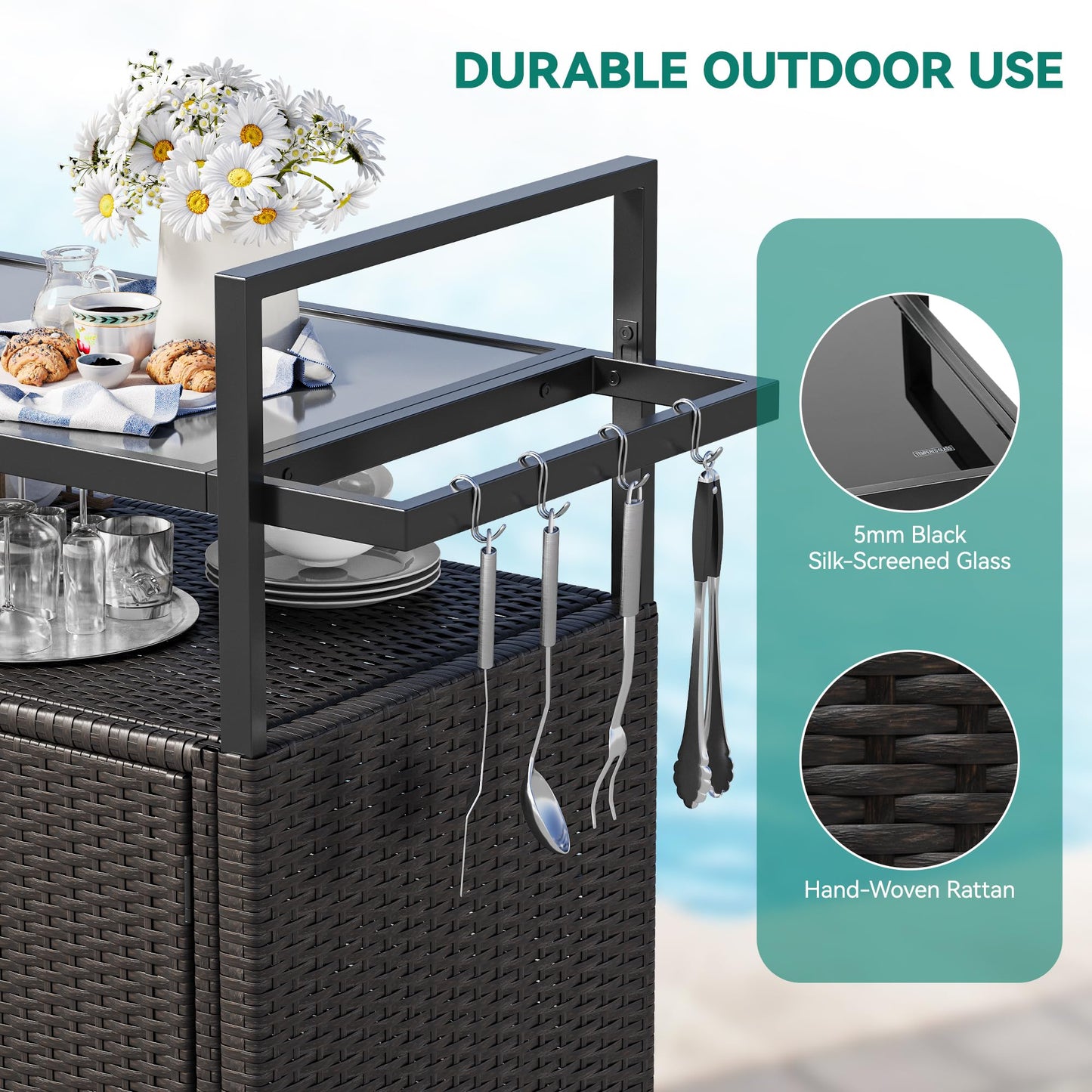 YITAHOME Large Outdoor Kitchen Wicker Island Rolling Cart & Patio Bar Table, w/Wheels and Black Glass Table Top Backyard and Poolside Dark Brown - CookCave