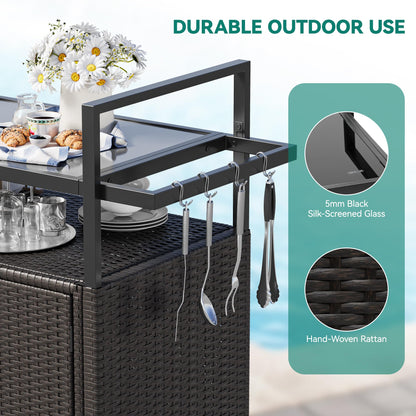 YITAHOME Large Outdoor Kitchen Wicker Island Rolling Cart & Patio Bar Table, w/Wheels and Black Glass Table Top Backyard and Poolside Dark Brown - CookCave