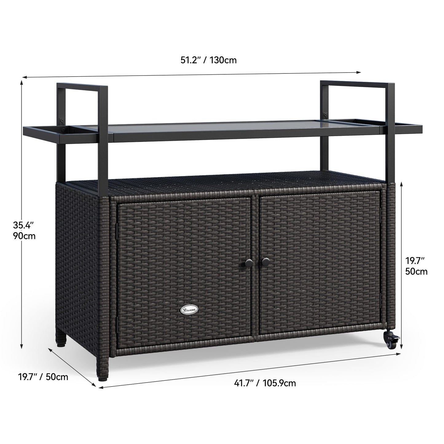 YITAHOME Large Outdoor Kitchen Wicker Island Rolling Cart & Patio Bar Table, w/Wheels and Black Glass Table Top Backyard and Poolside Dark Brown - CookCave