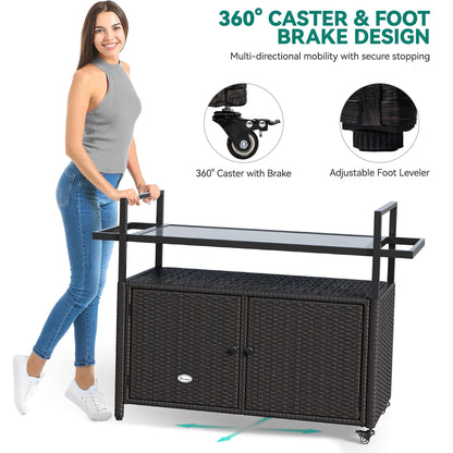 YITAHOME Large Outdoor Kitchen Wicker Island Rolling Cart & Patio Bar Table, w/Wheels and Black Glass Table Top Backyard and Poolside Dark Brown - CookCave