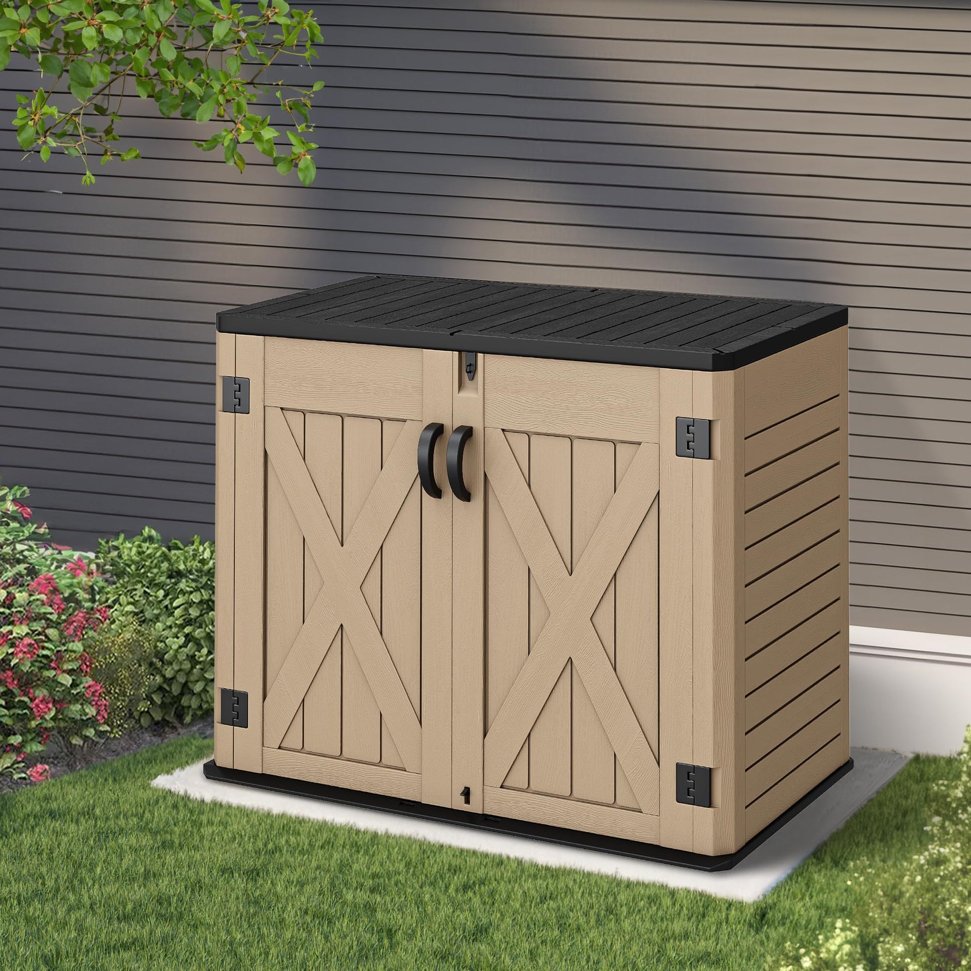 YITAHOME Outdoor Horizontal Storage Shed with X-Shaped Lockable Door, 35 Cu Ft Weather Resistant Resin Tool Shed w/o Shelf, Ideal for Bike, Trash Cans, Garden Tools, Lawn Mowers, Brown - CookCave