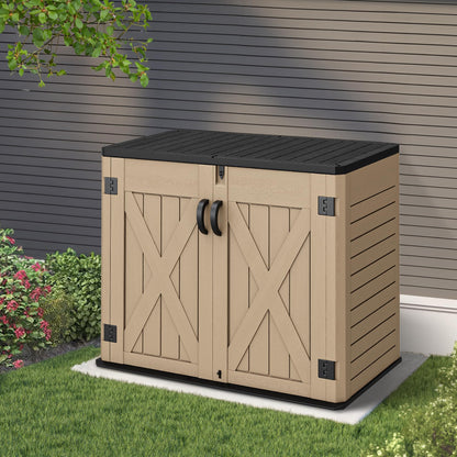 YITAHOME Outdoor Horizontal Storage Shed with X-Shaped Lockable Door, 35 Cu Ft Weather Resistant Resin Tool Shed w/o Shelf, Ideal for Bike, Trash Cans, Garden Tools, Lawn Mowers, Brown - CookCave