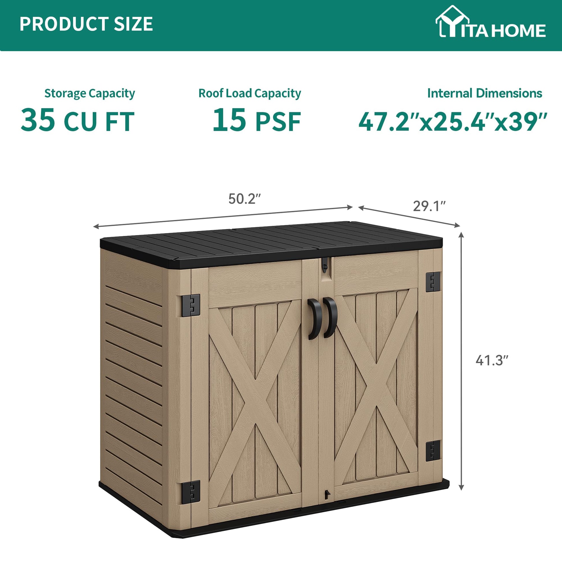 YITAHOME Outdoor Horizontal Storage Shed with X-Shaped Lockable Door, 35 Cu Ft Weather Resistant Resin Tool Shed w/o Shelf, Ideal for Bike, Trash Cans, Garden Tools, Lawn Mowers, Brown - CookCave